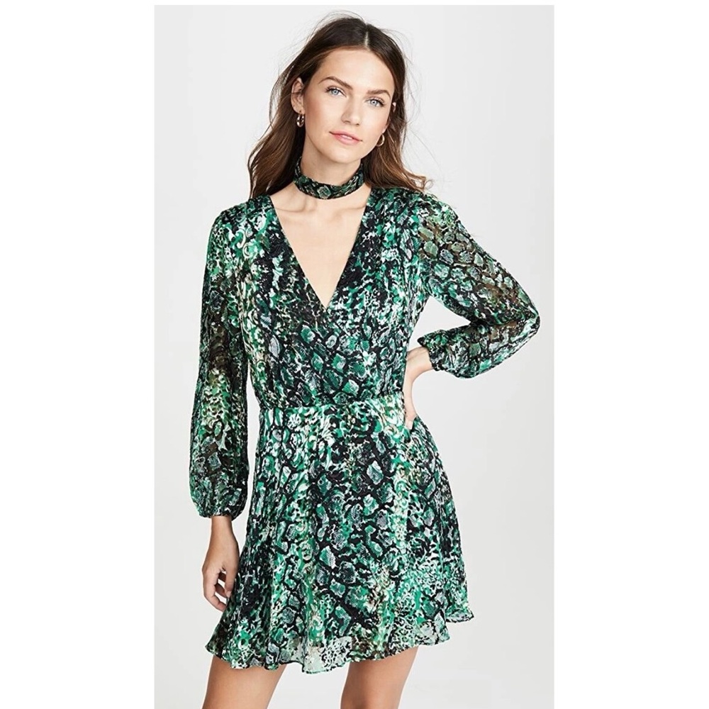 Alice + Olivia Rita Blouson sleeve mini Dress, emerald/blk silk burnout velvet